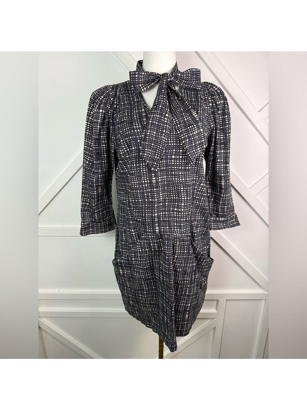 GLAM Navy Grid Print Bow Tie Neck Mini Dress Mod Retro Puff Sleeve Pocket Med